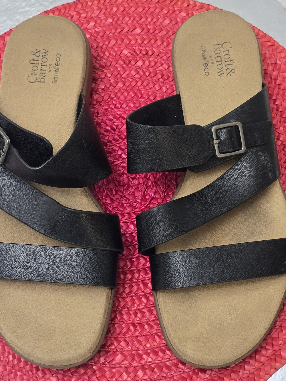 croft & barrow Black Triple-Strap Slide Sandals with Buckle Size 9